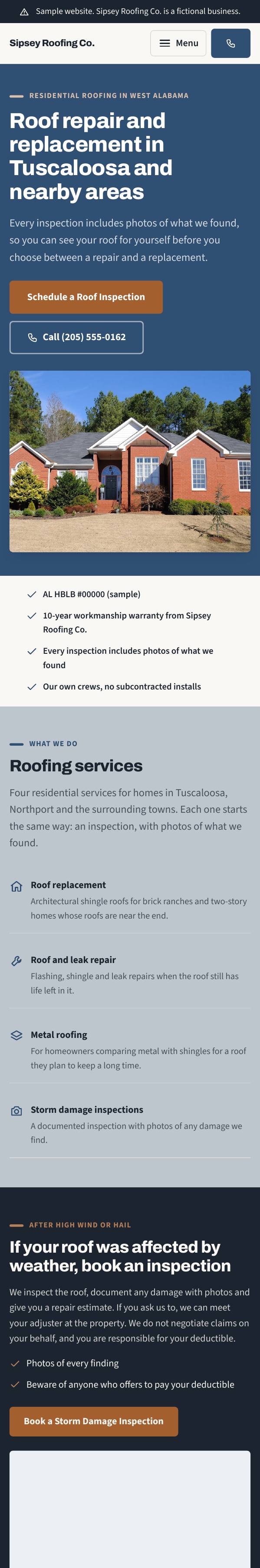 Screenshot of the Roofing contractor website